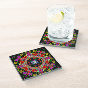 Pretty Colorful Cardinals and Flowers Mandala Glass Coaster