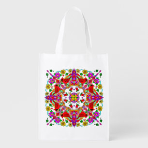 Pretty Colorful Cardinals and Flowers Mandala Grocery Bag