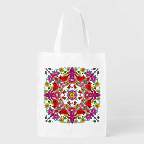 Pretty Colorful Cardinals and Flowers Mandala    Grocery Bag