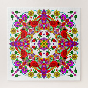 Pretty Colorful Cardinals and Flowers Mandala Jigsaw Puzzle