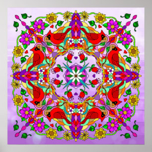 Pretty Colorful Cardinals and Flowers Mandala Poster