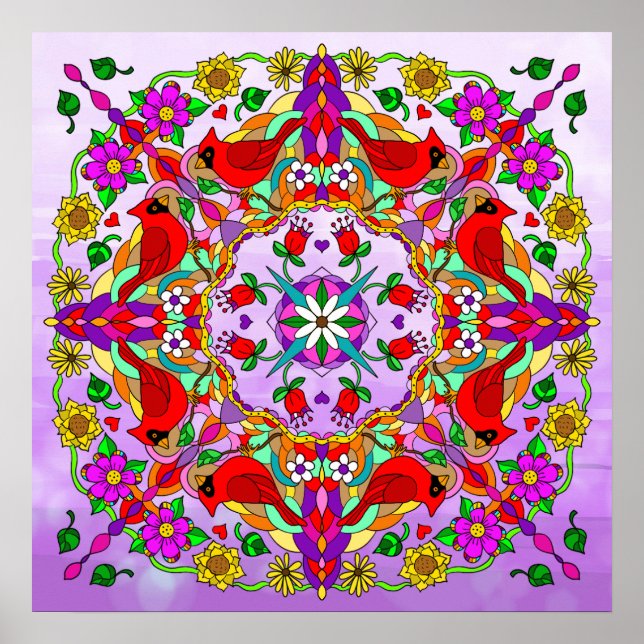 Pretty Colorful Cardinals and Flowers Mandala  Poster (Front)