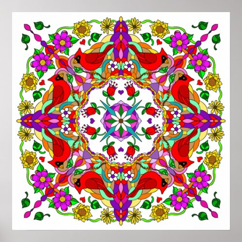 Pretty Colorful Cardinals and Flowers Mandala  Poster