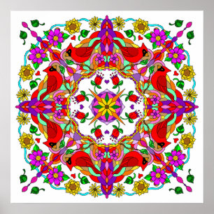 Pretty Colorful Cardinals and Flowers Mandala Poster