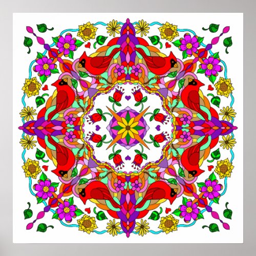 Pretty Colorful Cardinals and Flowers Mandala   Poster