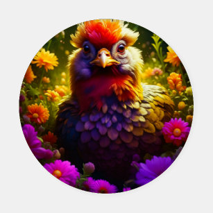 Pretty Colorful Chicken in Flower Garden Coaster Set