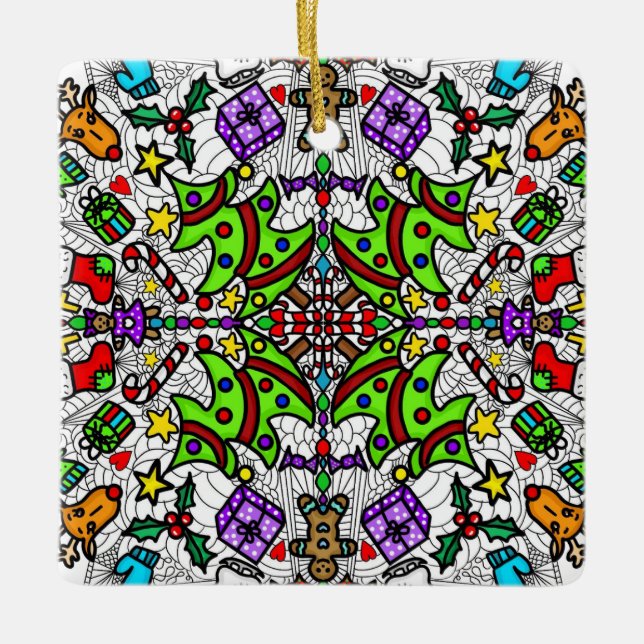 Pretty Colorful Christmas Mandala Ceramic Ornament (Front)