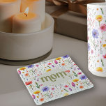 Pretty Colorful Country Wildflowers Modern Mom Glass Coaster<br><div class="desc">Coaster for mom with colorful wildflower pattern and bold modern green lettering on a soft green background,  The design features pretty wild flowers with "mom" lettered in ornate typography. Please browse my Mother's Day Wildflower Collection for more flowery cards and gifts.</div>