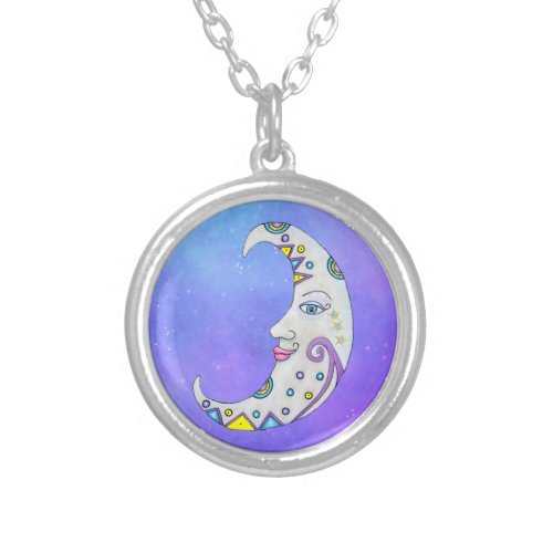 Pretty Colorful Crescent Abstract Moon With Face Silver Plated Necklace