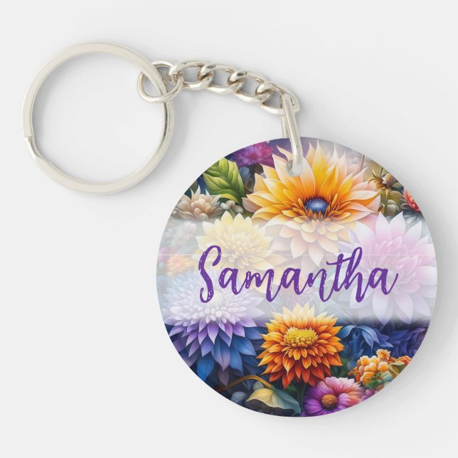 Pretty Colorful Digital Ai Art Flowers  Keychain (Front)