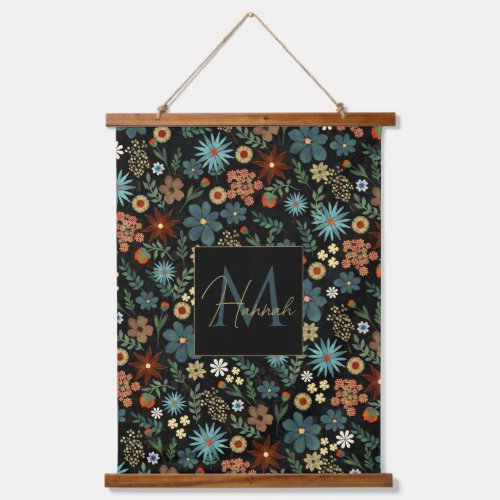 Pretty Colorful Ditsy Floral Black Design Hanging Tapestry