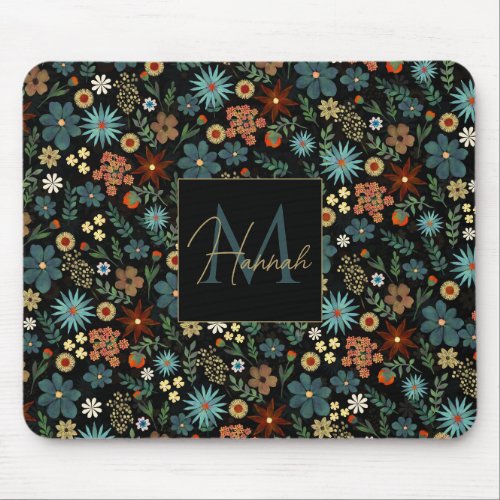 Pretty Colorful Ditsy Floral Black Design Mouse Pad