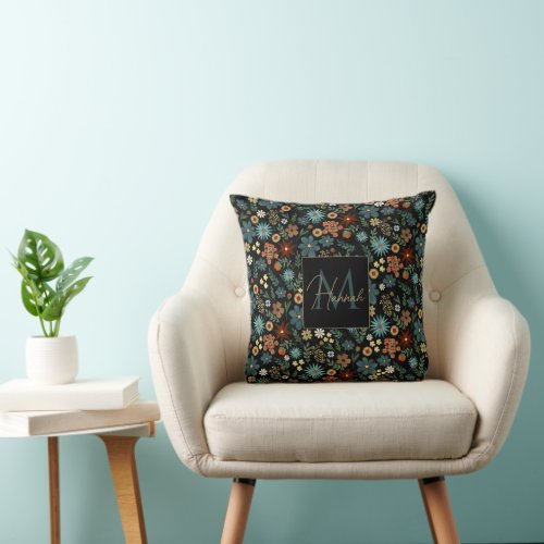 Pretty Colorful Ditsy Floral Black Design Throw Pillow