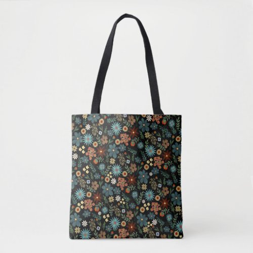 Pretty Colorful Ditsy Floral Black Design Tote Bag