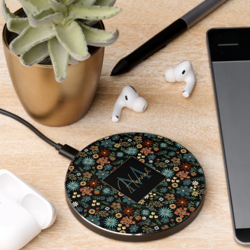 Pretty Colorful Ditsy Floral Black Design Wireless Charger