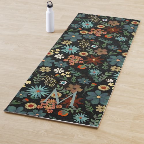 Pretty Colorful Ditsy Floral Black Design Yoga Mat