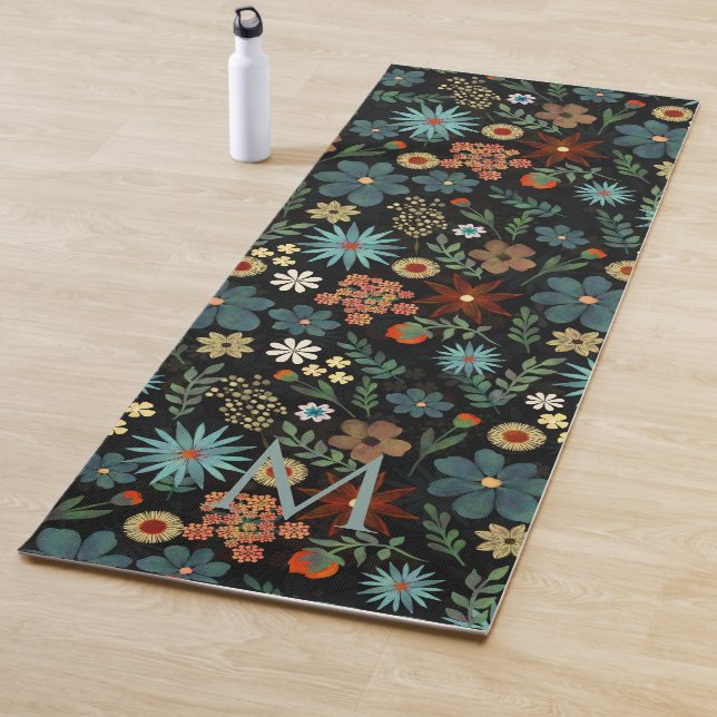Pretty Colorful Ditsy Floral Black Design Yoga Mat (In Situ)