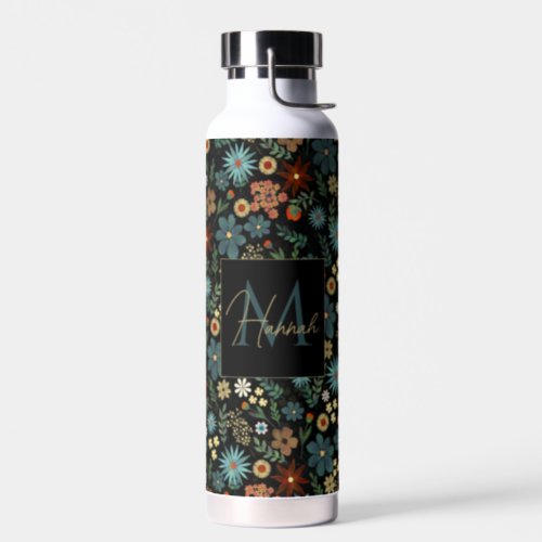 Pretty Colorful Ditsy Floral Black Water Bottle