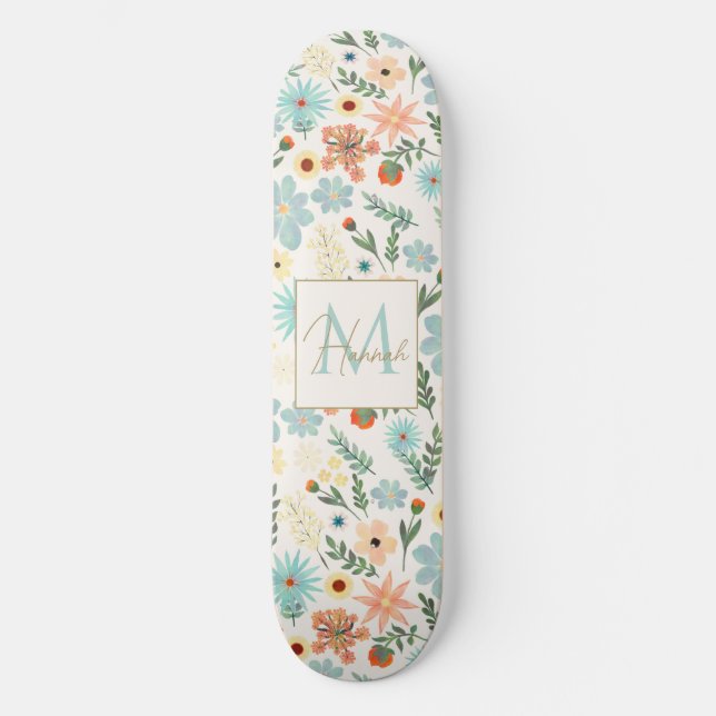 Pretty Colorful Ditsy Floral White Design Skateboard (Front)