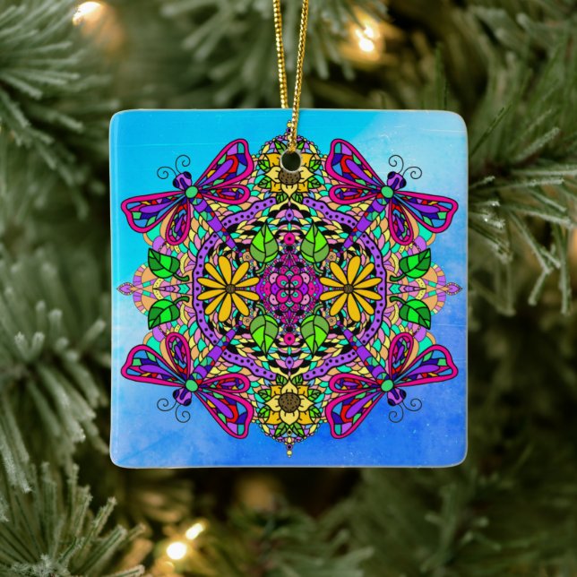 Pretty Colorful Dragonfly Mystical Mandala   Ceram Ceramic Ornament (Tree)