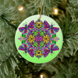 Pretty Colorful Dragonfly Mystical Mandala Ceramic Ornament