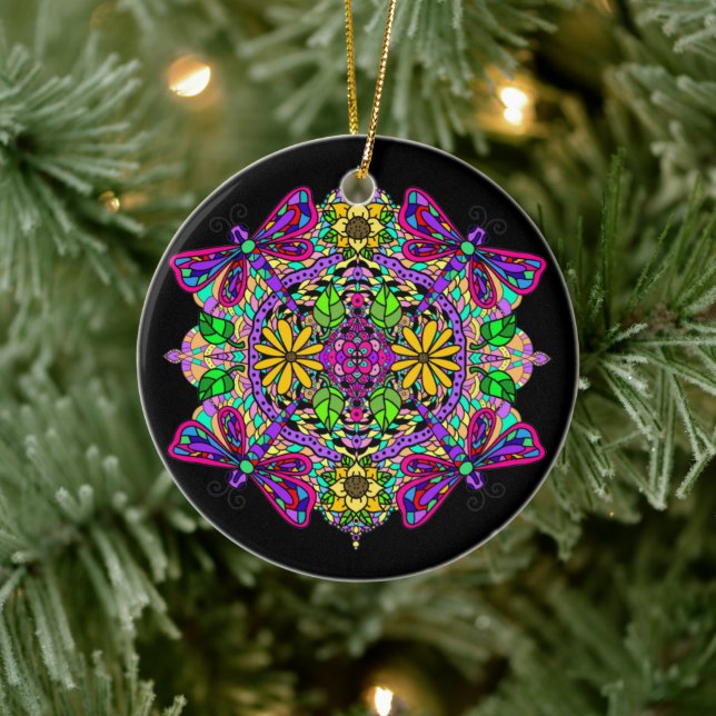 Pretty Colorful Dragonfly Mystical Mandala Ceramic Ornament (Tree)