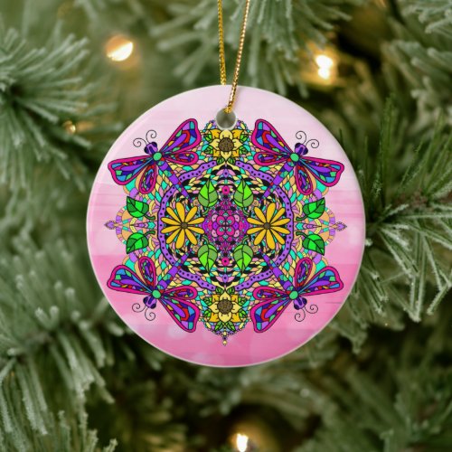 Pretty Colorful Dragonfly Mystical Mandala  Ceramic Ornament