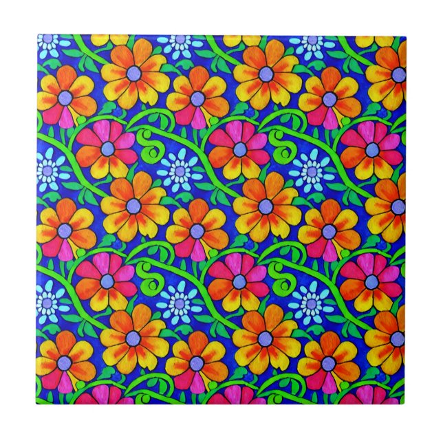 Pretty Colorful Floral Ceramic Tile (Front)