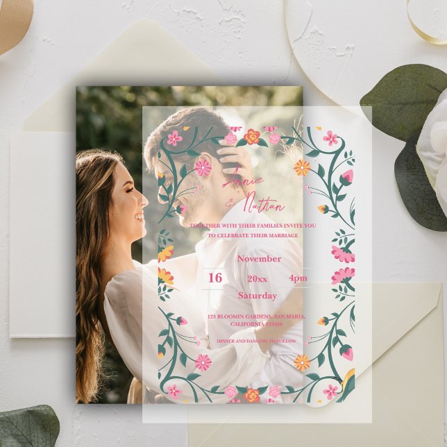 Pretty Colorful Floral Frame Script Wedding Vellum Invitations (Pretty Colorful Floral Frame Script Wedding Vellum Invitations)