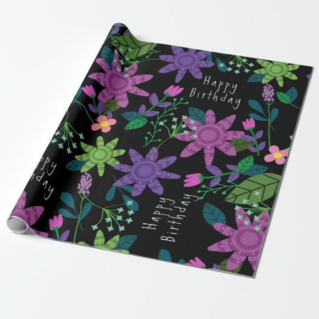 Pretty Colorful Floral Happy Birthday  Wrapping Paper (Unrolled)