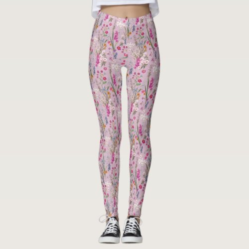 Pretty Colorful Floral Pattern Light Purple Leggings