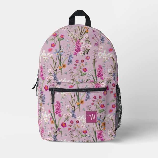 Pretty Colorful Floral Pattern Light Purple Printed Backpack (Front)