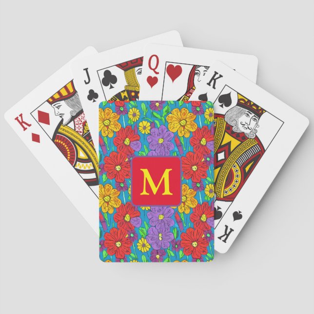 Pretty Colorful Floral Pattern Monogrammed Poker Cards (Back)