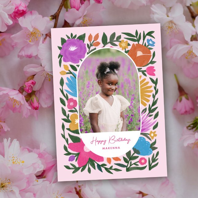 Pretty Colorful Florals Arch Photo Girls Birthday Card (Creator Uploaded)
