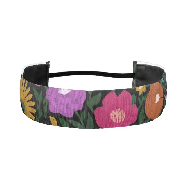 Pretty Colorful Florals Black Background Girls Athletic Headband (Front)