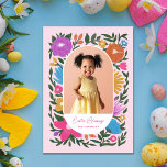 Pretty Colorful Florals Oval Frame Photo Easter Holiday Card<br><div class="desc">This beautiful Easter photo card features a hand drawn floral design in magenta / fuchsia pink, orange, golden yellow, purple, blue, and green over a custom color background (shown in light pink). The style of the floral design is almost chalk like. An oval / arch shaped frame highlights your photo...</div>