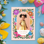 Pretty Colorful Florals Oval Frame Photo Easter Holiday Card<br><div class="desc">This beautiful Easter photo card features a hand drawn floral design in magenta / fuchsia pink, orange, golden yellow, purple, blue, and green over a light peach background. The style of the floral design is almost chalk like. An oval / arch shaped frame highlights your photo for stylish greetings you...</div>