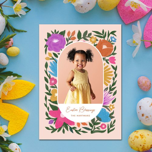 Pretty Colorful Florals Oval Frame Photo Easter Holiday Card