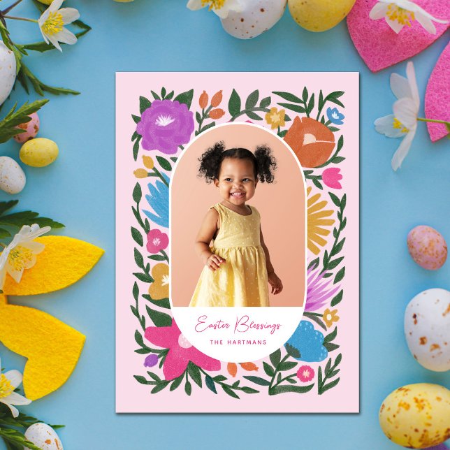 Pretty Colorful Florals Oval Frame Photo Easter Holiday Card (Creator Uploaded)