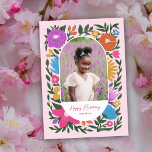 Pretty Colorful Florals Photo Grandma Birthday Card<br><div class="desc">This beautiful birthday photo greeting card for Grandma features a hand drawn floral design in magenta / fuchsia pink, orange, golden yellow, purple, blue, and green over a custom color background (shown in light pink). The style of the floral design is almost chalk like / pastels. An oval / arch...</div>