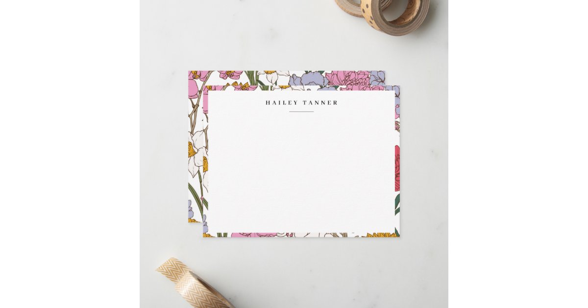 Pretty Colorful Flower Pattern Border Flat Note Card | Zazzle
