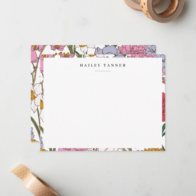 Pretty Colorful Flower Pattern Border Flat Note Card (Front/Back In Situ)