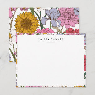 Pretty Colorful Flower Pattern Border Flat Note Card