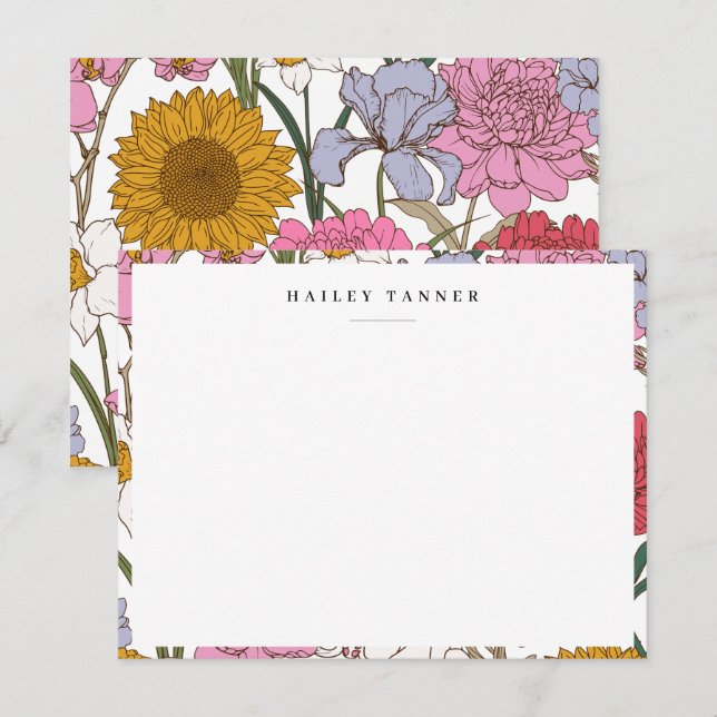 Pretty Colorful Flower Pattern Border Flat Note Card (Front/Back)