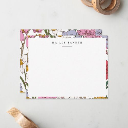 Pretty Colorful Flower Pattern Border Flat Note Card