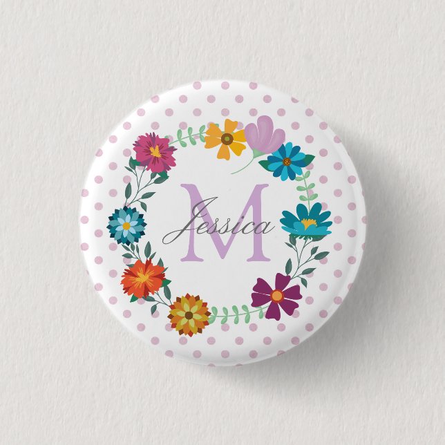 Pretty Colorful Flower Wreath Personalised Dotty Button (Front)