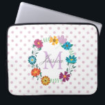 Pretty Colorful Flower Wreath Personalised Dotty Laptop Sleeve<br><div class="desc">Bright floral wreath surrounds your name on sweet dotty laptop sleeve.</div>