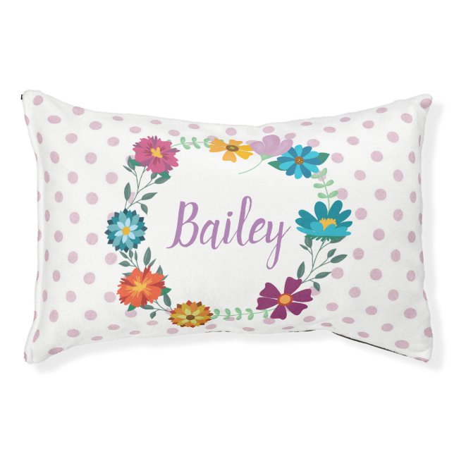 Pretty Colorful Flower Wreath Personalised Dotty Pet Bed (Front)