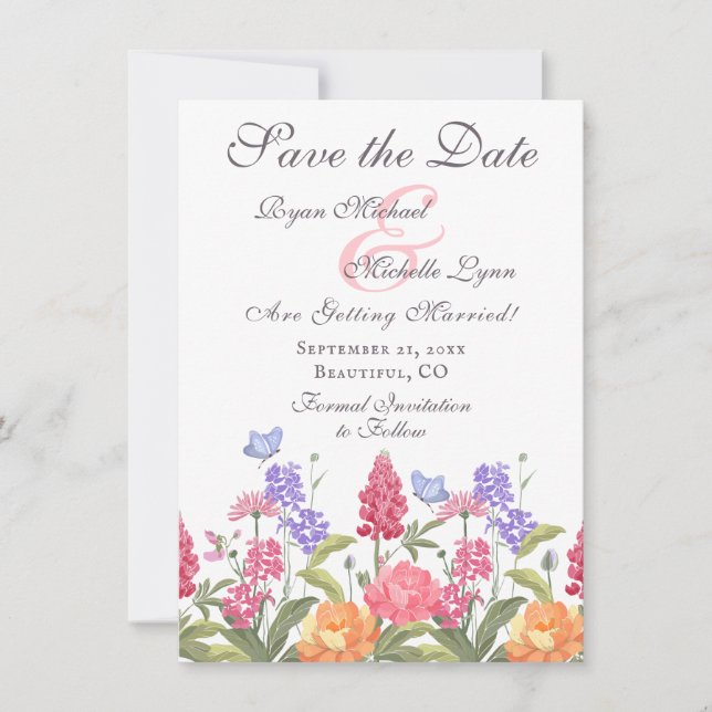 Pretty Colorful Flowers and Butterflies Wedding Save The Date (Front)