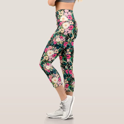 Pretty Colorful Flowers Black Botanical Capri Leggings